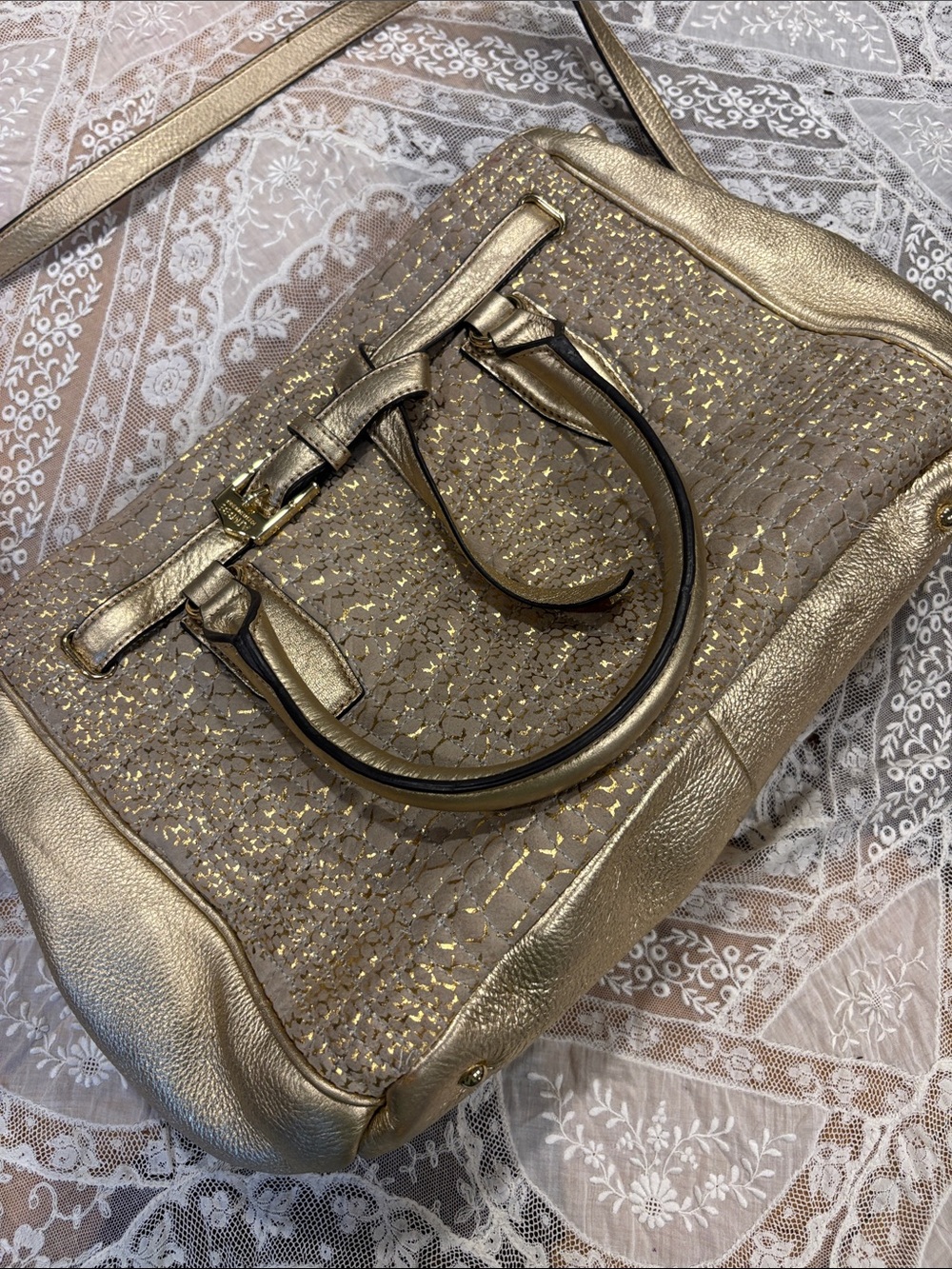 Aimee Kestenberg Metallic Gold Textured Satchel with Dual Handles